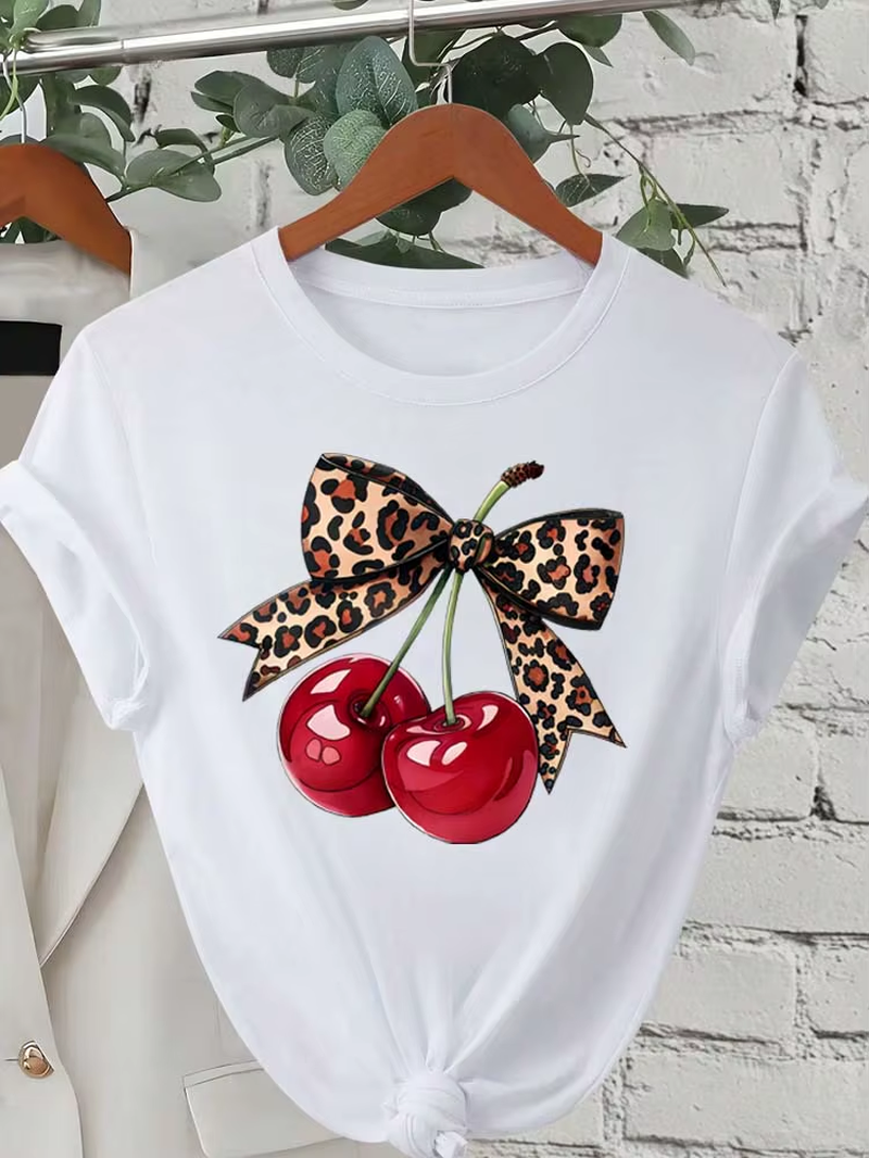 Elevate Your Summer Style with Our Chic Cherry Print Short Sleeve T-Shirt for Women - The Perfect Casual Top!