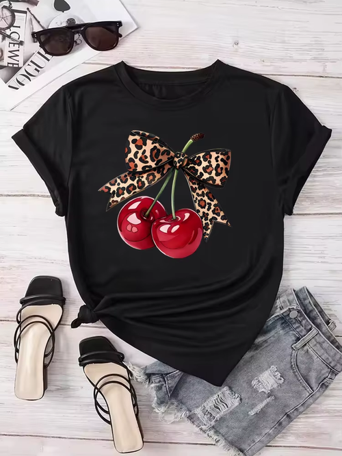 Elevate Your Summer Style with Our Chic Cherry Print Short Sleeve T-Shirt for Women - The Perfect Casual Top!
