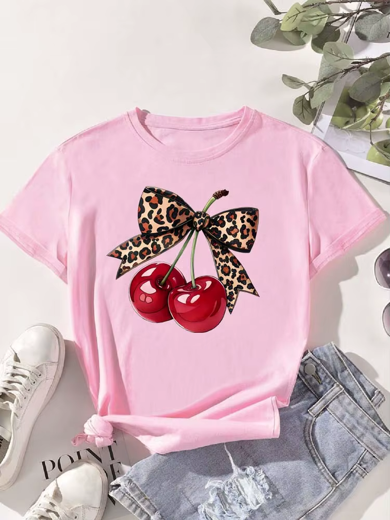 Elevate Your Summer Style with Our Chic Cherry Print Short Sleeve T-Shirt for Women - The Perfect Casual Top!