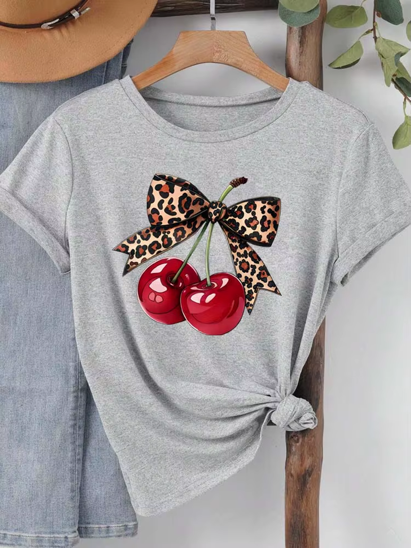 Elevate Your Summer Style with Our Chic Cherry Print Short Sleeve T-Shirt for Women - The Perfect Casual Top!