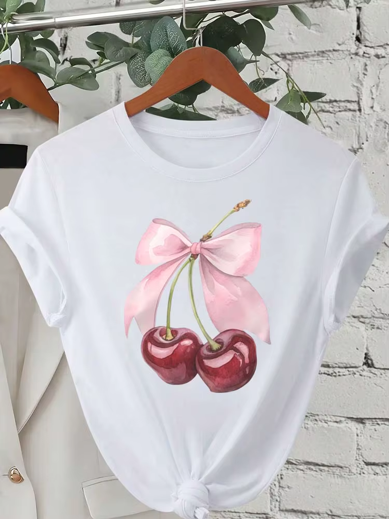 Elevate Your Summer Style with Our Chic Cherry Print Short Sleeve T-Shirt for Women - The Perfect Casual Top!