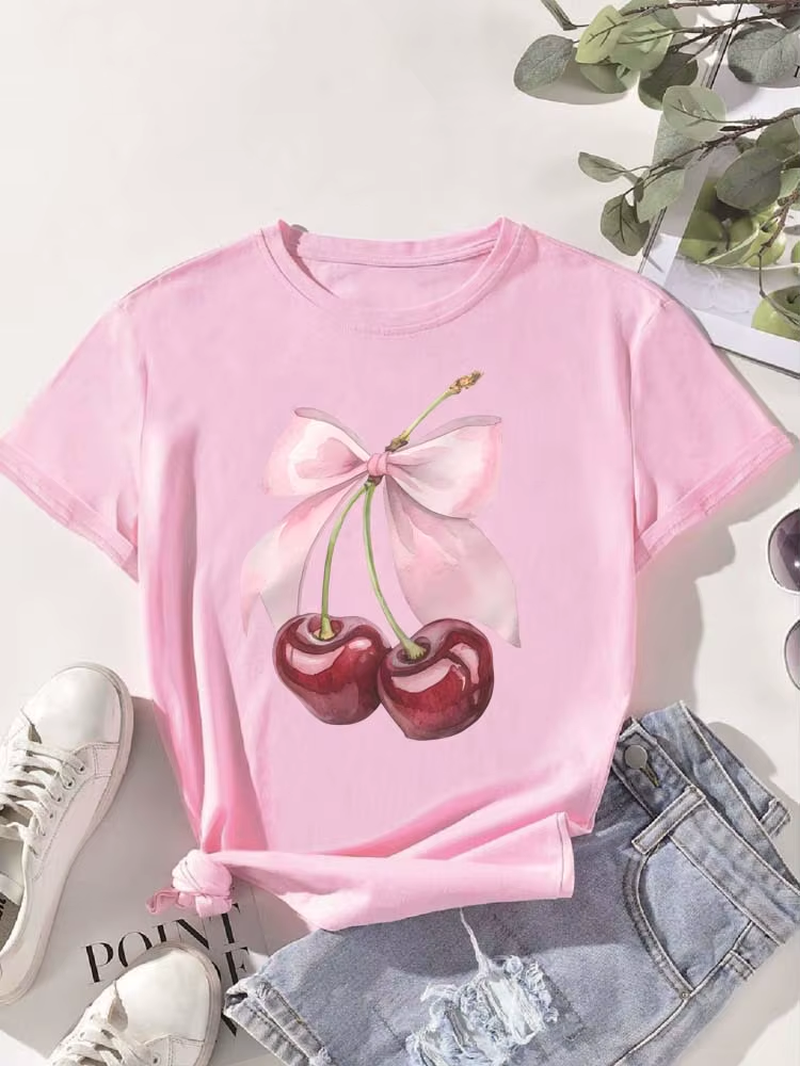 Elevate Your Summer Style with Our Chic Cherry Print Short Sleeve T-Shirt for Women - The Perfect Casual Top!