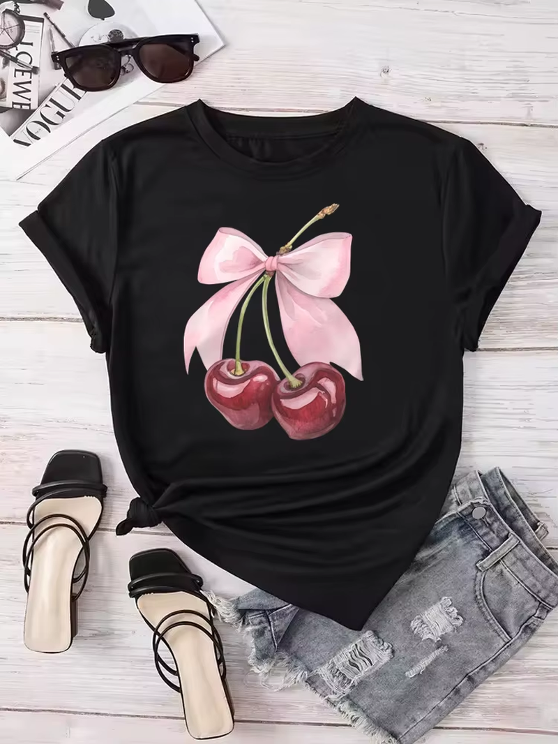 Elevate Your Summer Style with Our Chic Cherry Print Short Sleeve T-Shirt for Women - The Perfect Casual Top!