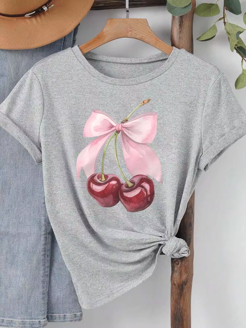 Elevate Your Summer Style with Our Chic Cherry Print Short Sleeve T-Shirt for Women - The Perfect Casual Top!
